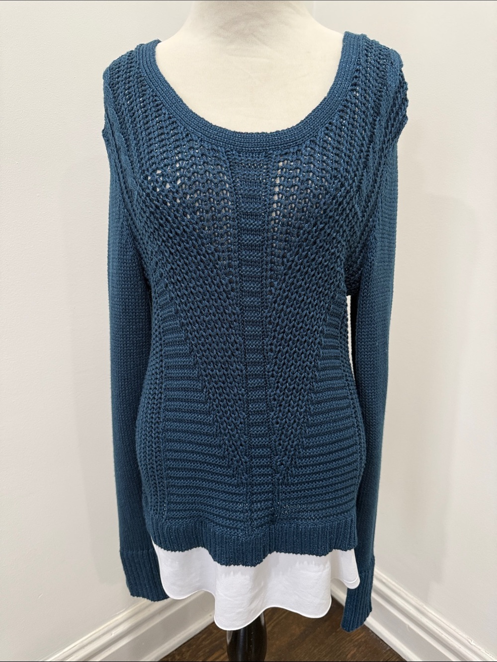 Calvin Klein Teal open-stitch scoop neck faux layered Sweater medium